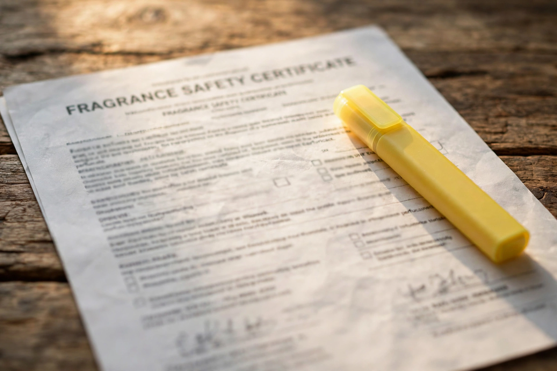 Close-up of a generic printed fragrance safety certificate on a wooden desk with a yellow highlighter