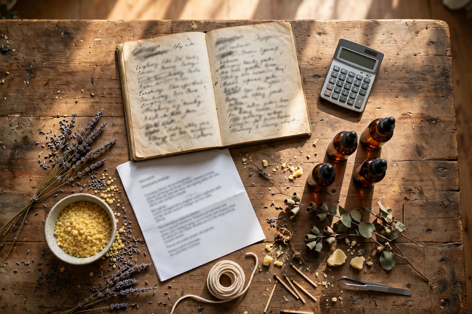 Overhead view of a rustic desk with a fragrance notebook, calculator, amber oil bottles, and printed documents