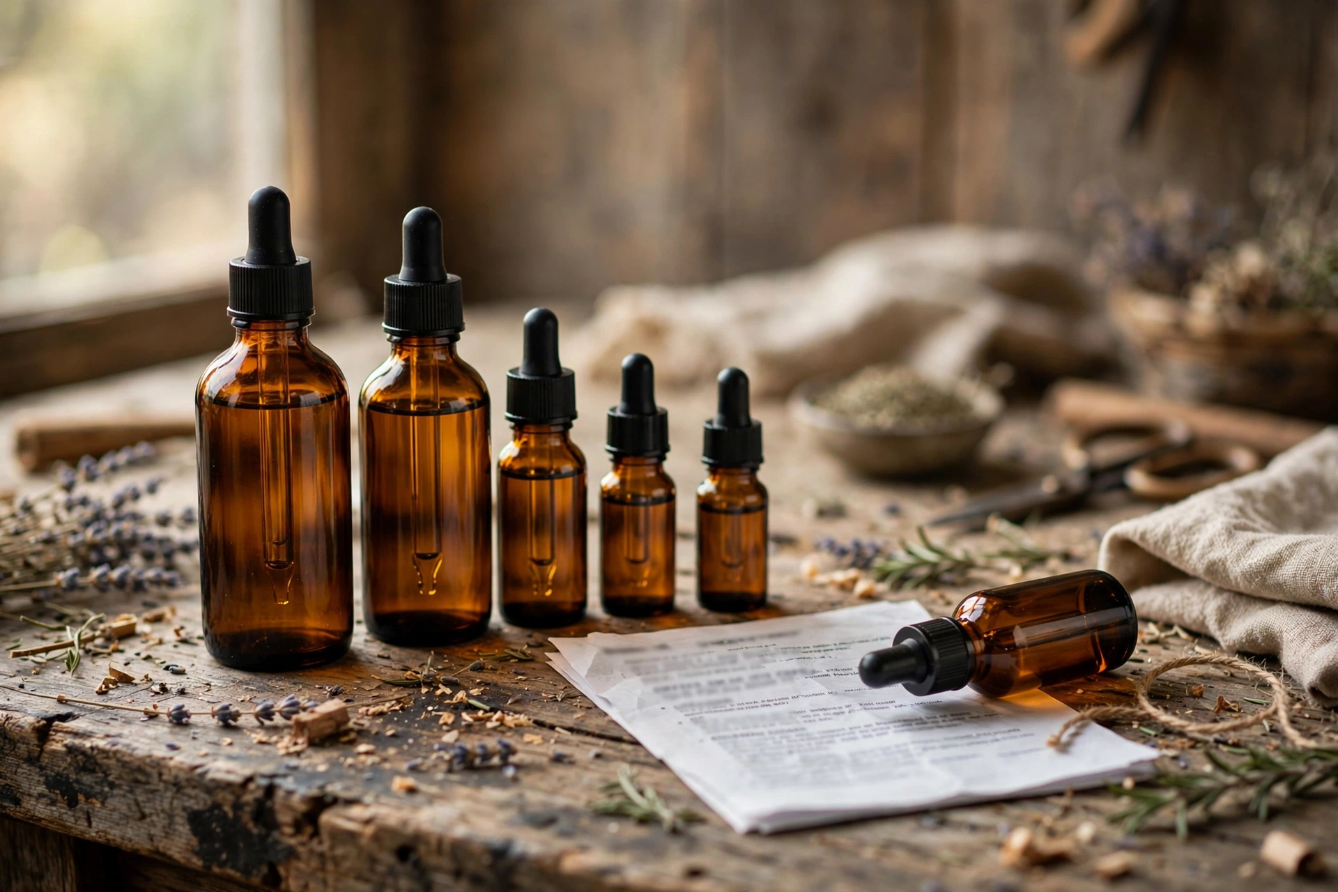 Amber glass fragrance oil bottles arranged on a rustic wooden workbench beside a printed safety document