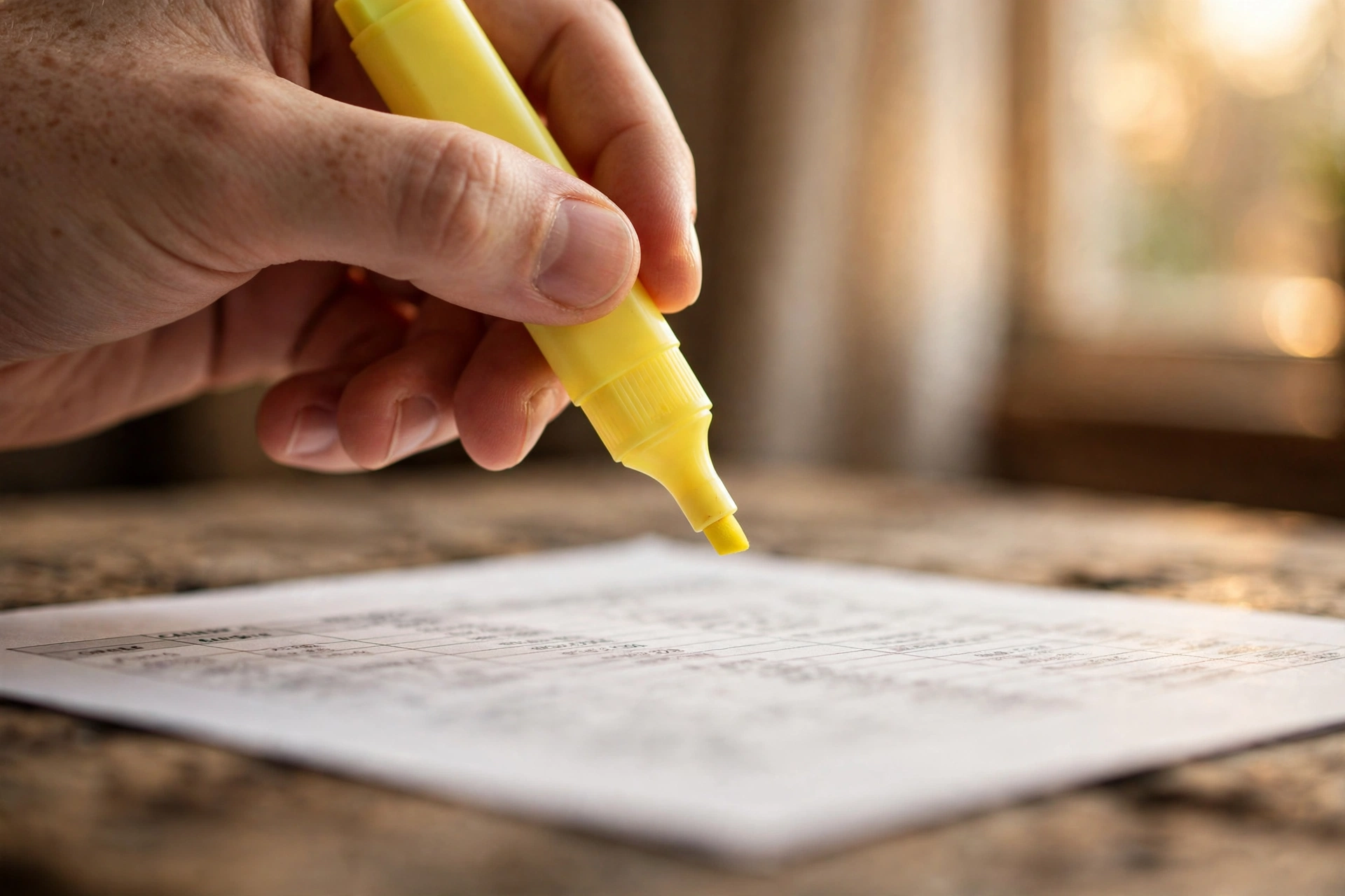 Hand highlighting a row on a printed generic fragrance category table with a yellow marker