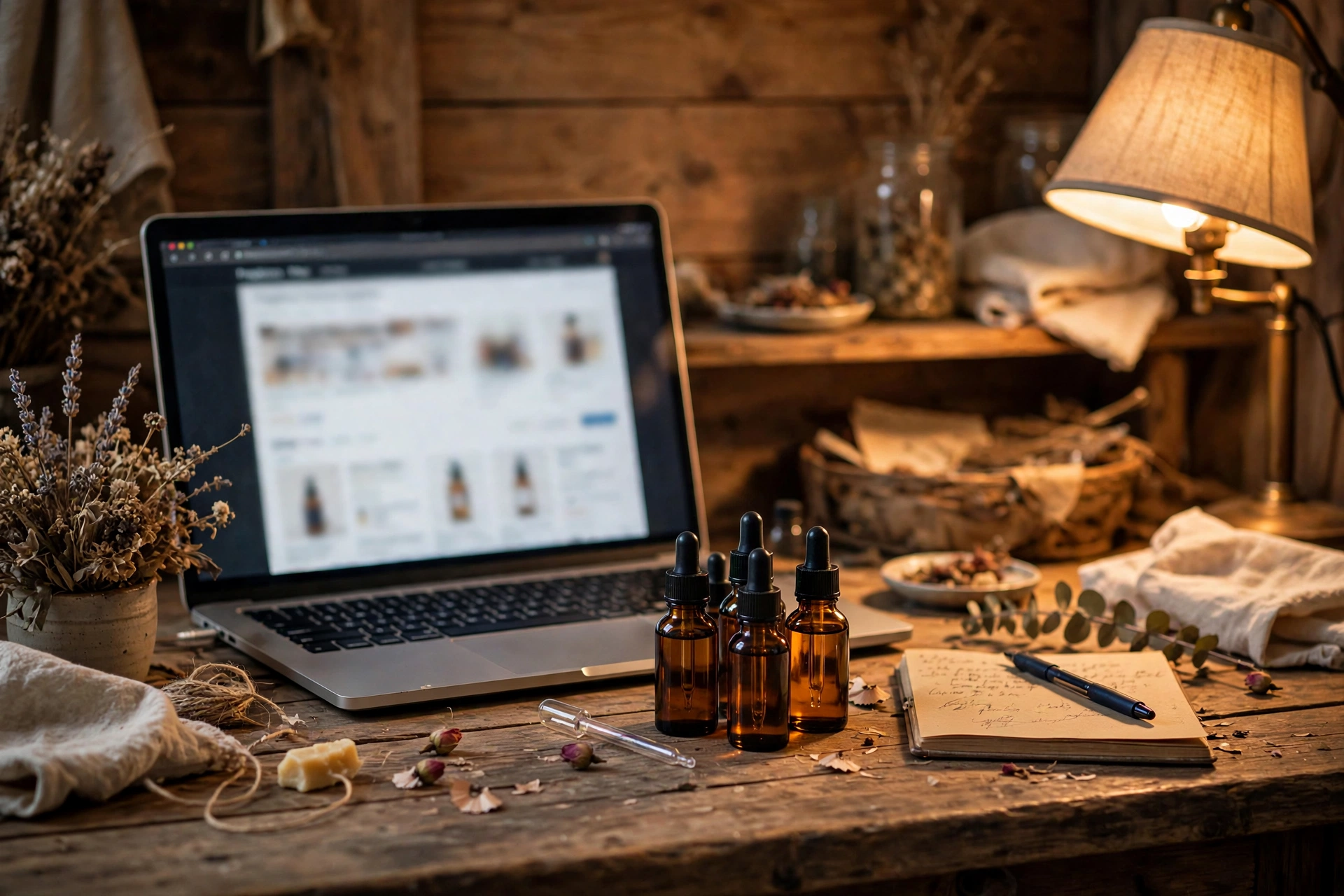 Laptop on a rustic desk showing a fragrance supplier product page, with amber oil bottles and a notebook nearby