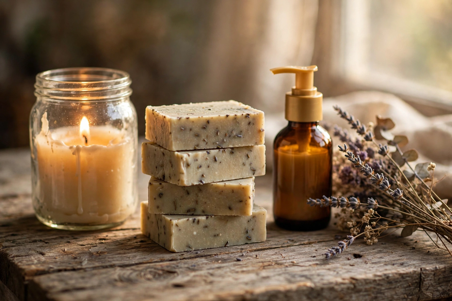 A lit candle in a glass jar, a stack of handmade soap bars, and an amber lotion bottle arranged on weathered wood