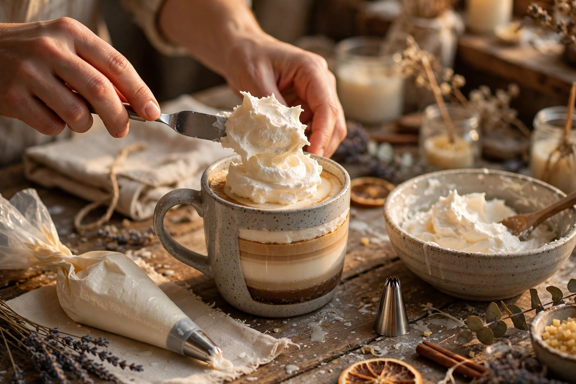 Spooning a fluffy whipped-wax dollop onto the set layered candle in a ceramic mug