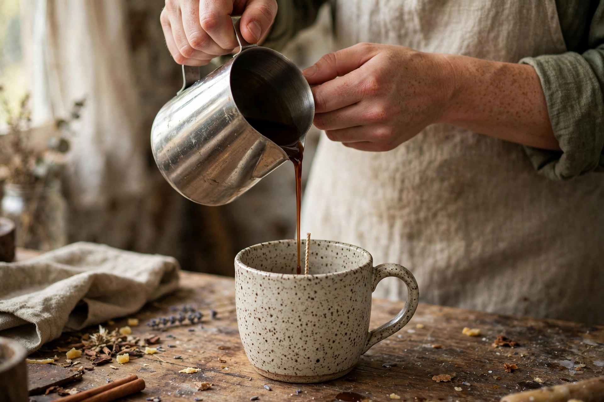 Pouring dark espresso-brown melted wax from a steel pitcher into a ceramic mug