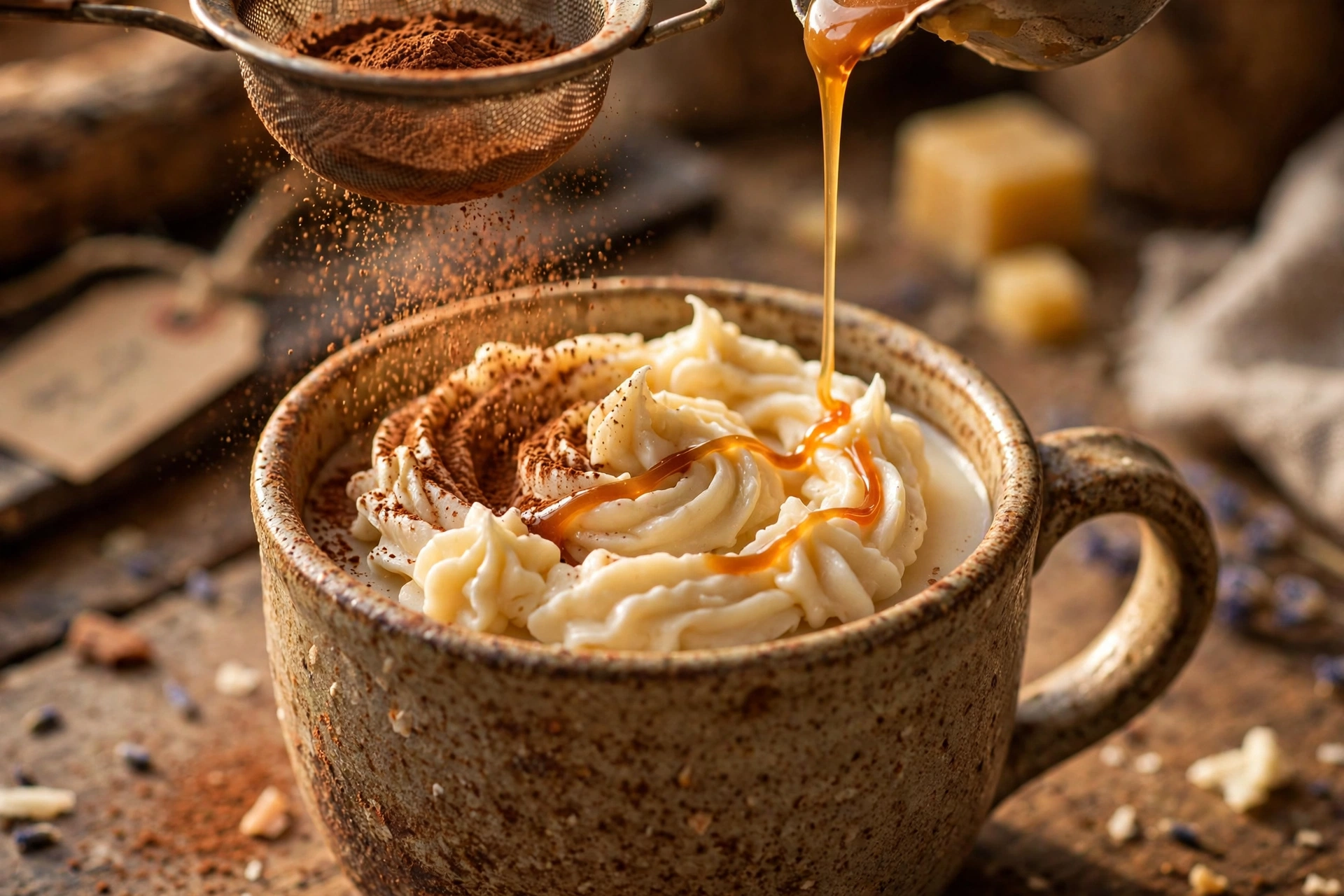 Dusting cocoa-brown mica over a whipped-wax dollop and drizzling thin caramel-colored wax on top