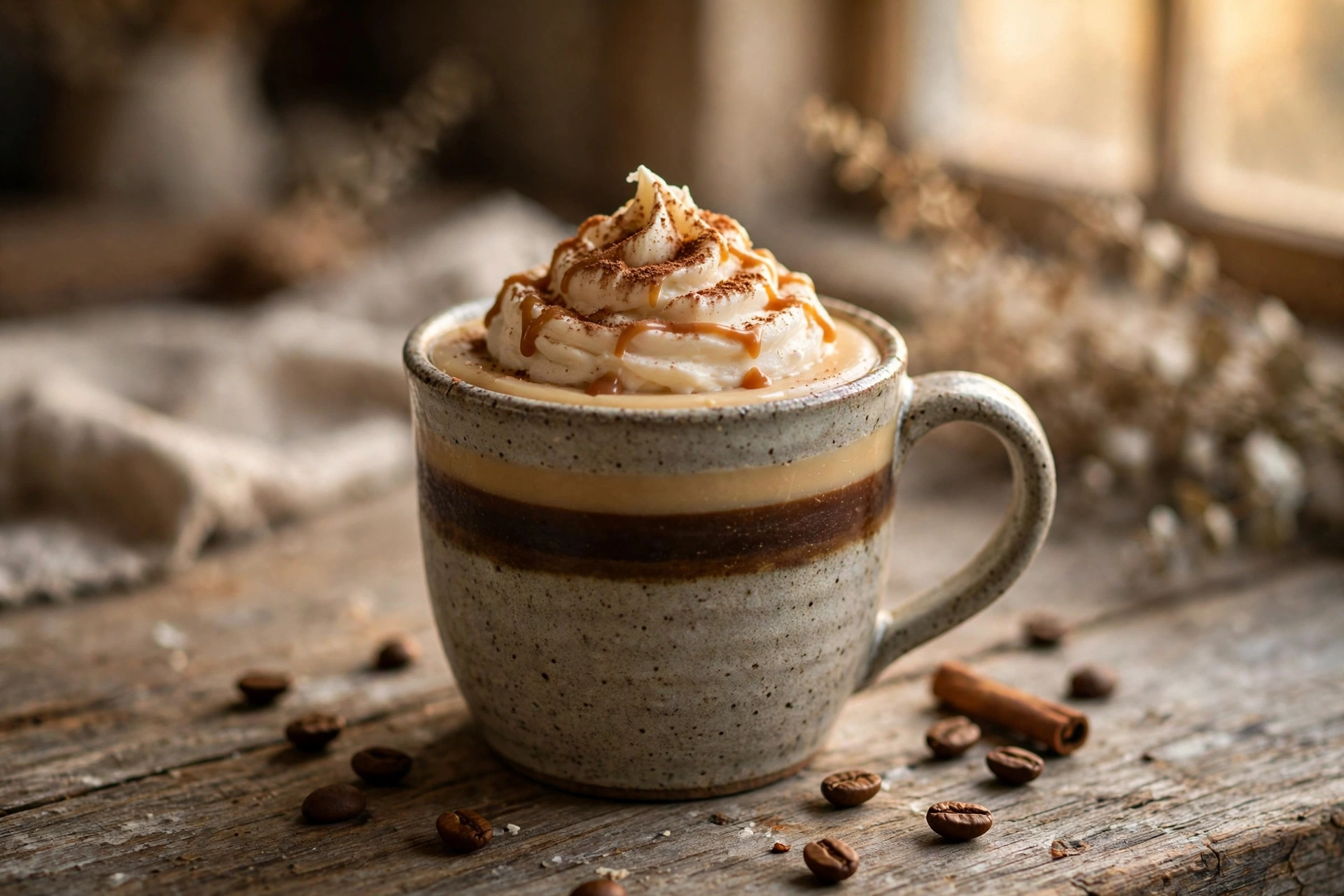 Finished latte candle in a speckled ceramic mug with layered espresso and milk wax, piped whipped-cream dollop, cocoa dusting, and caramel drizzle