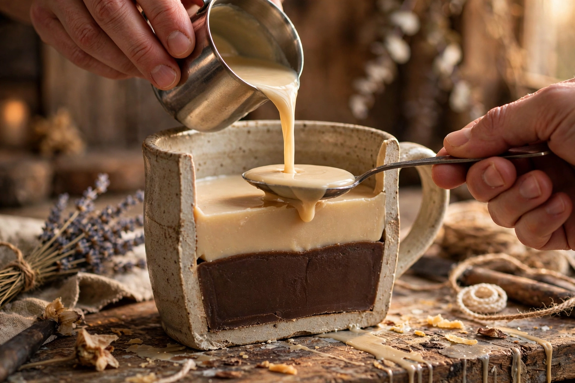 Pouring creamy tan wax over a set dark espresso layer, showing a crisp boundary between layers