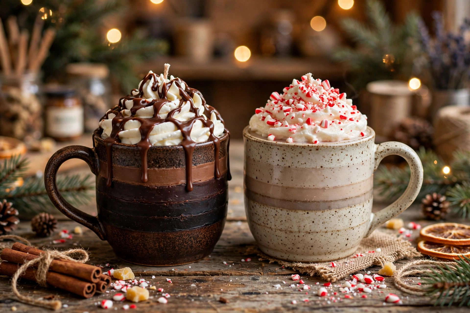 Mocha candle with chocolate drizzle and peppermint mocha candle with crushed red-and-white wax chips side by side