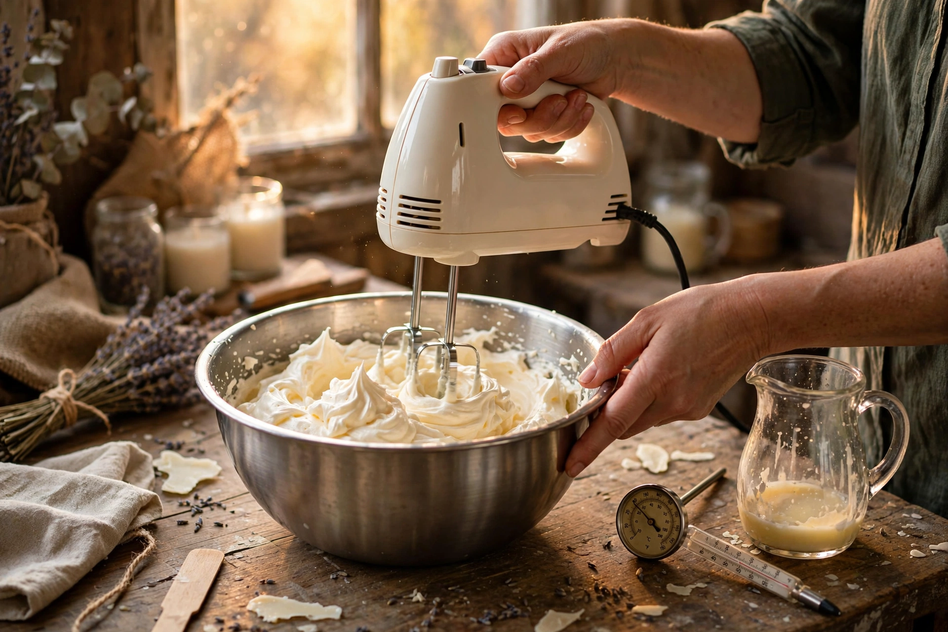 Hand mixer whipping pale partially-cooled wax into soft peaks in a steel bowl
