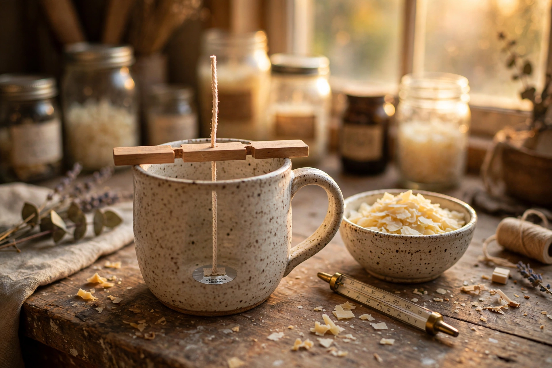Ceramic mug on a workbench with a candle wick held centered by a wooden wick holder across the rim