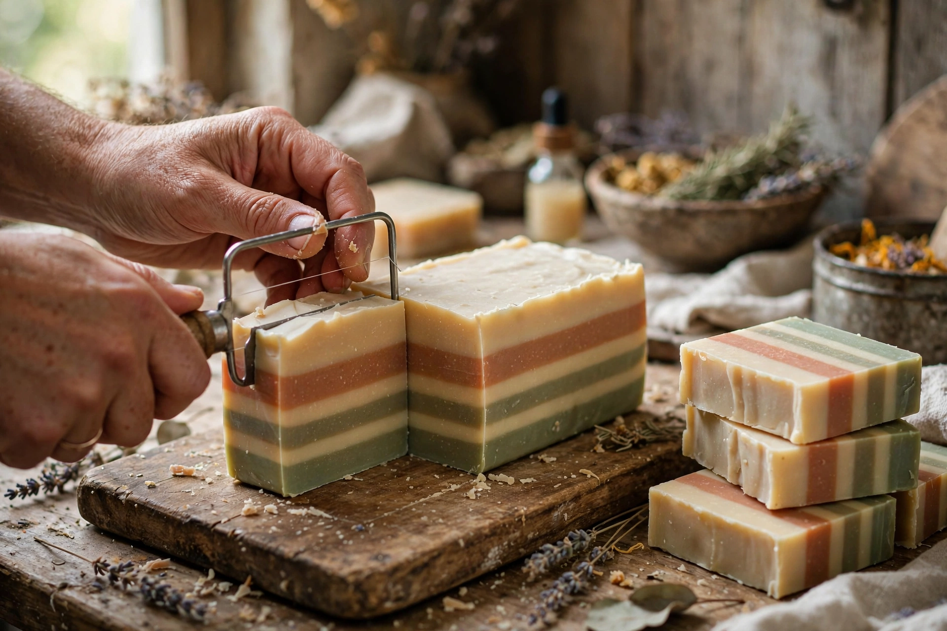 Cutting a cured layered soap loaf revealing crisp stripes, cut bars stacked nearby