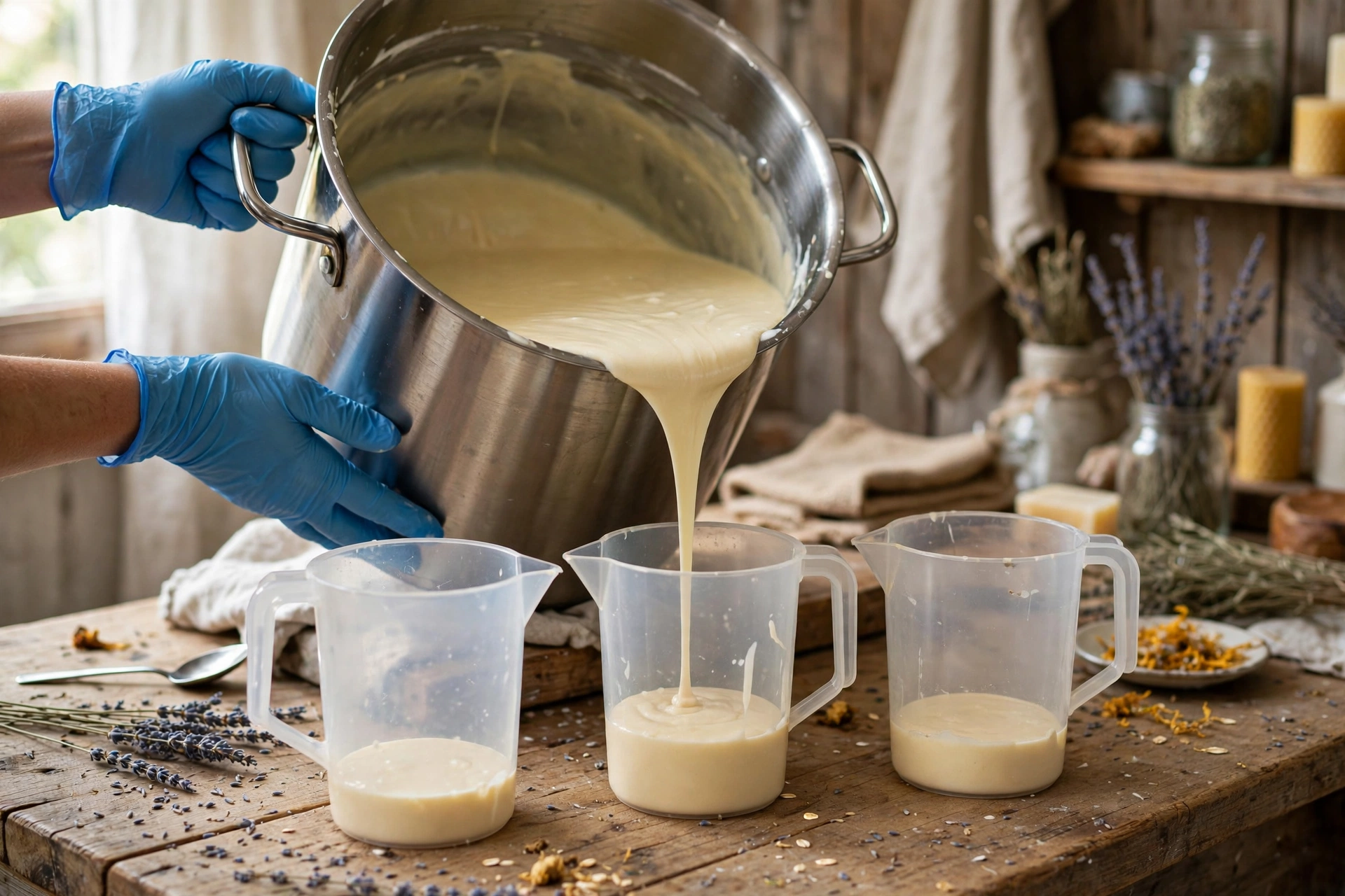 Dividing light-trace soap batter into separate pitchers for coloring