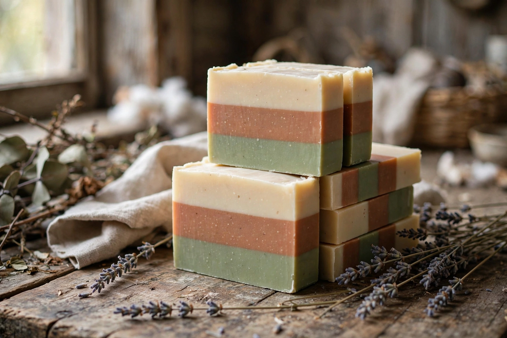 Stack of cut layered cold process soap bars showing clean stripes on a rustic wooden table