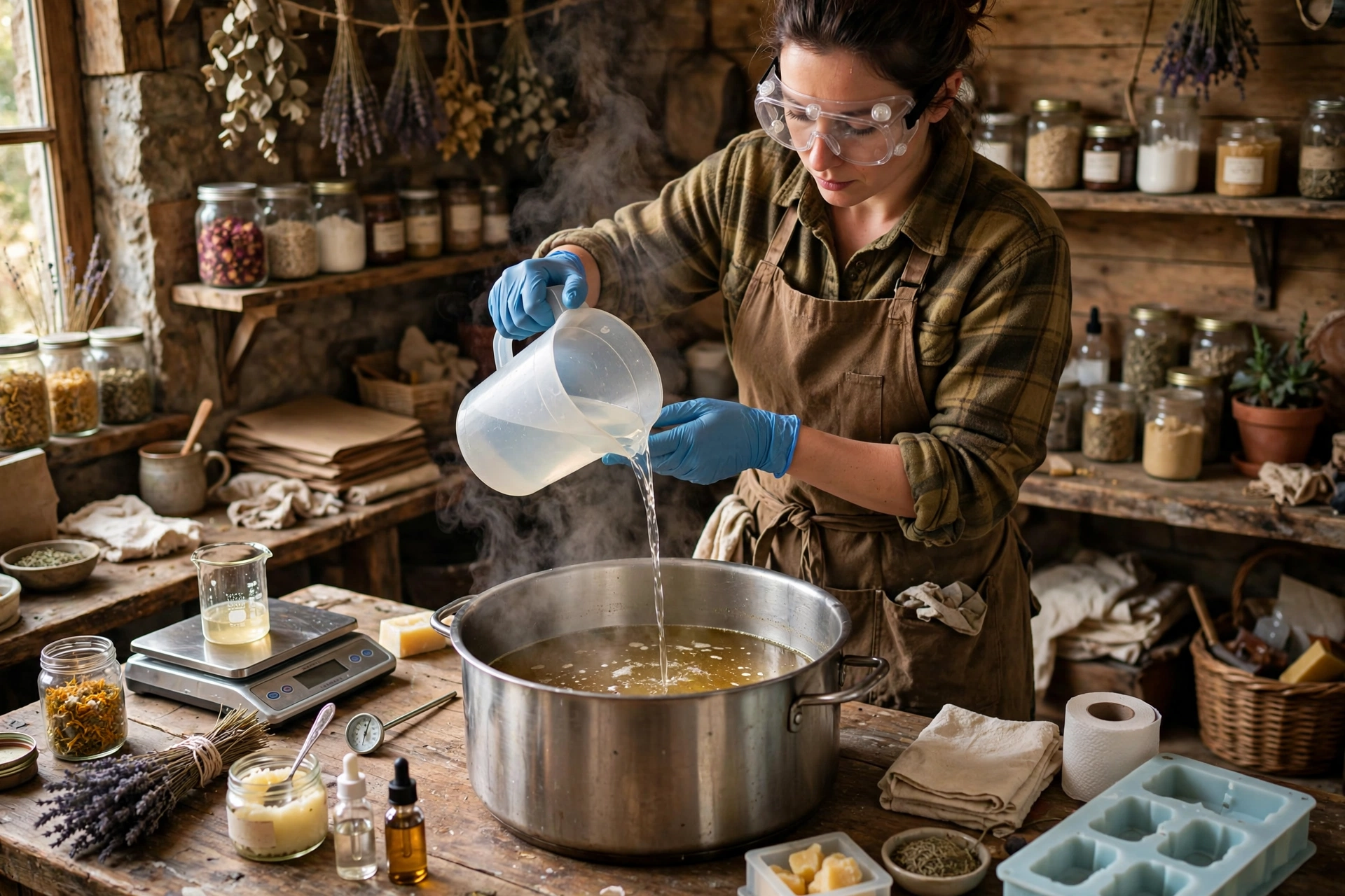 Pouring lye solution into melted oils in a stainless steel pot, soapmaker wearing goggles and gloves