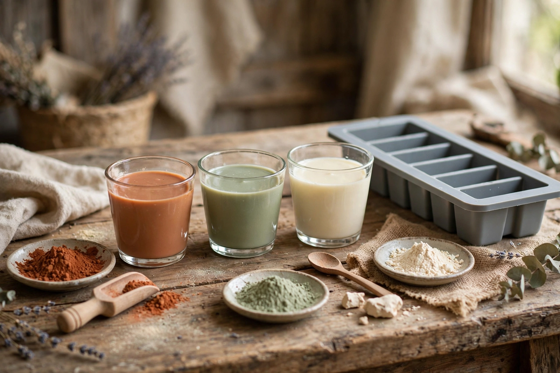 Small cups of colored soap batter and natural colorants arranged beside a soap mold