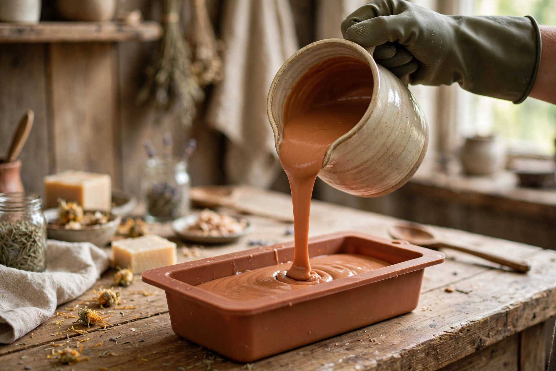 Pouring the first colored soap layer into a silicone loaf mold