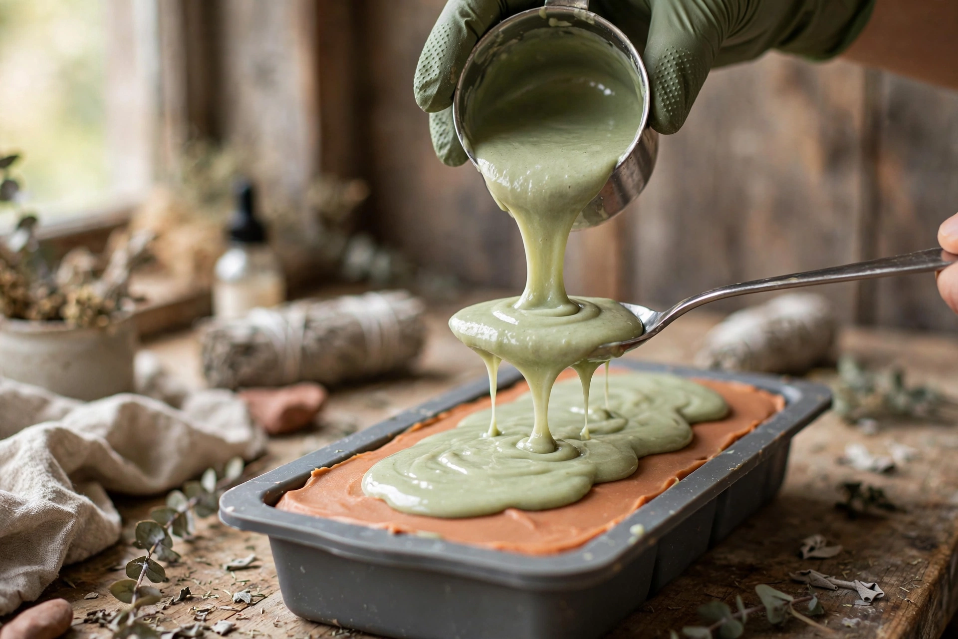 Pouring a second colored layer over a spoon onto the first soap layer