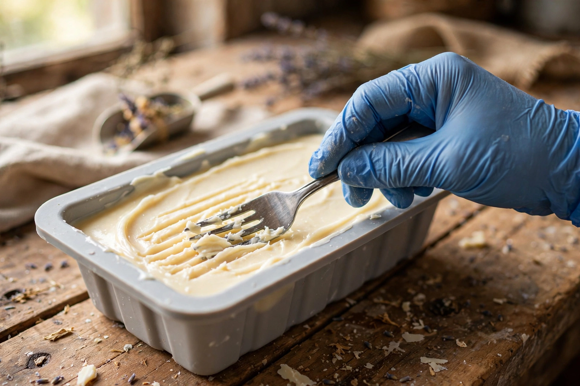 Texturing the surface of a poured soap layer with a fork before adding the next layer