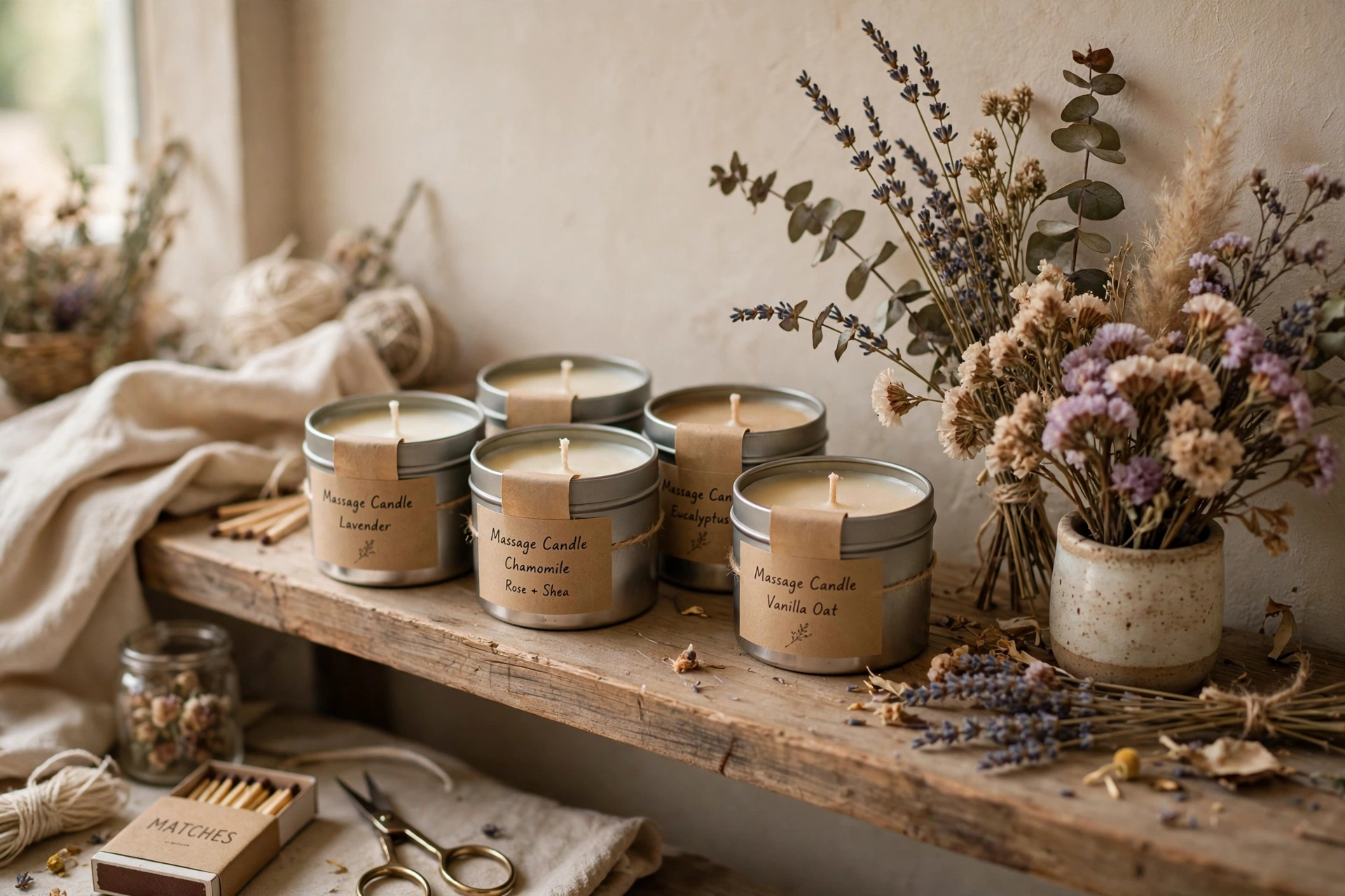 Finished massage candles in tins with simple kraft labels