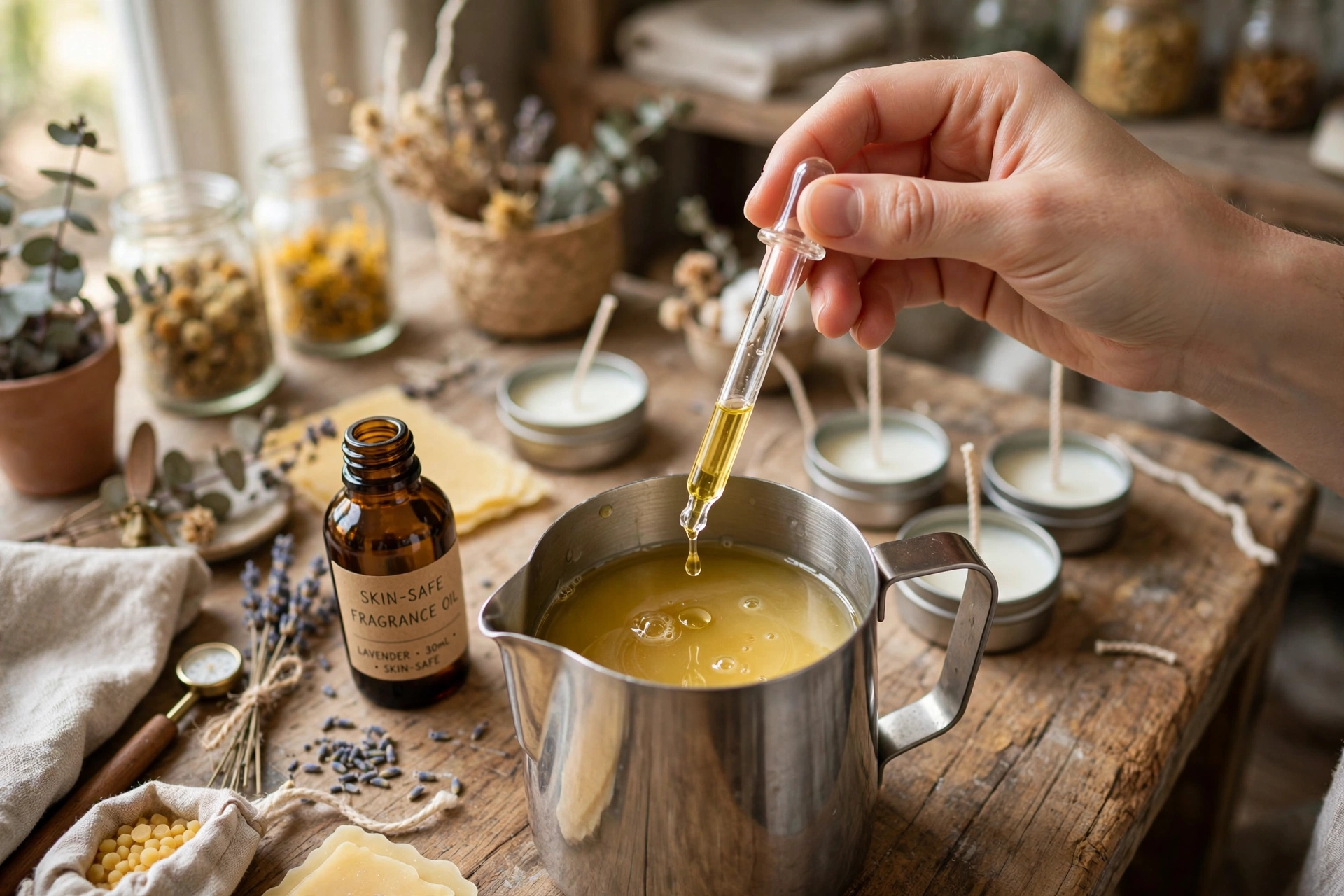 Adding skin-safe fragrance oil to melted wax with a dropper