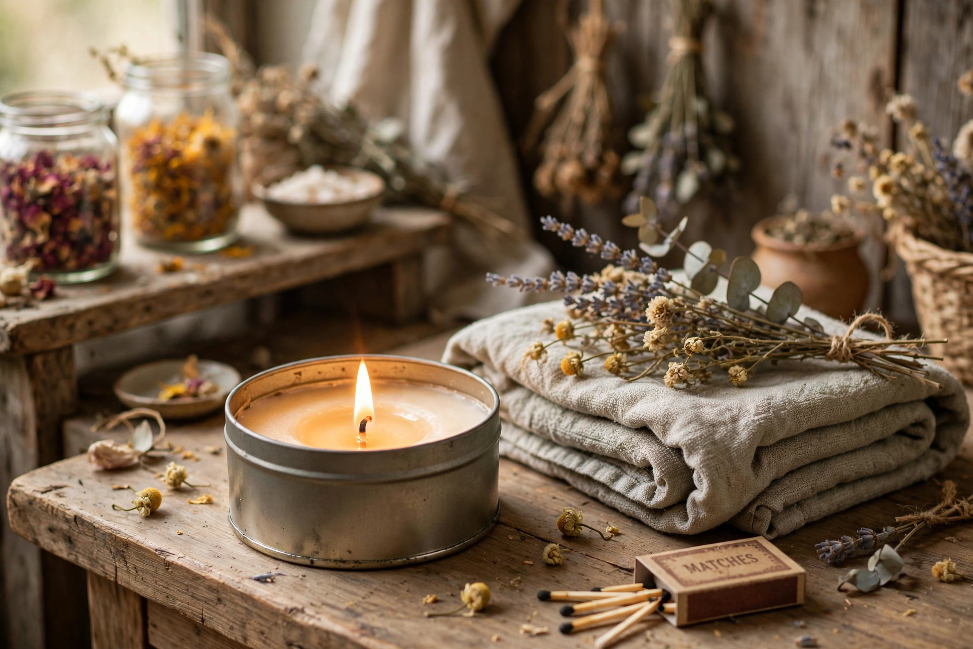 Lit massage candle in a tin beside folded towel and dried flowers, spa setting