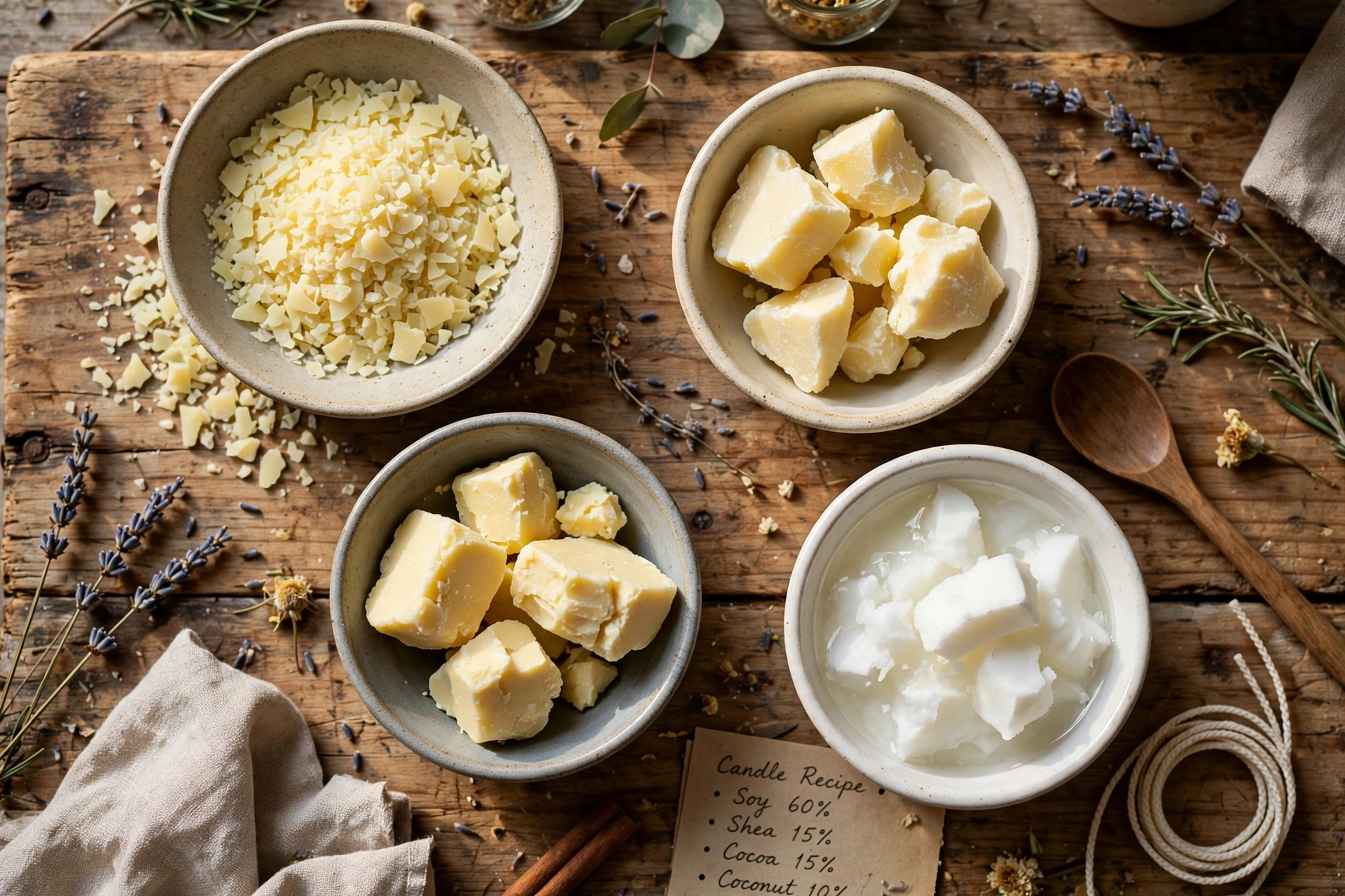 Soy wax flakes, shea butter, cocoa butter, and coconut oil arranged on a workbench