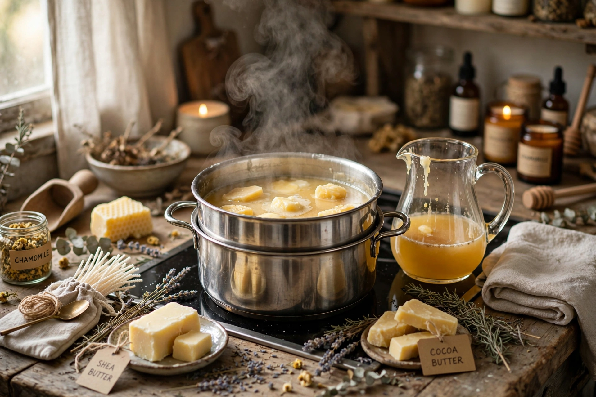 Melting wax and butters gently in a double boiler on a stove