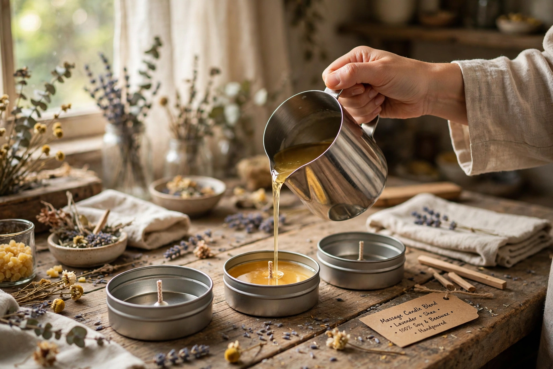 Pouring melted massage candle blend into metal tins with centered wicks