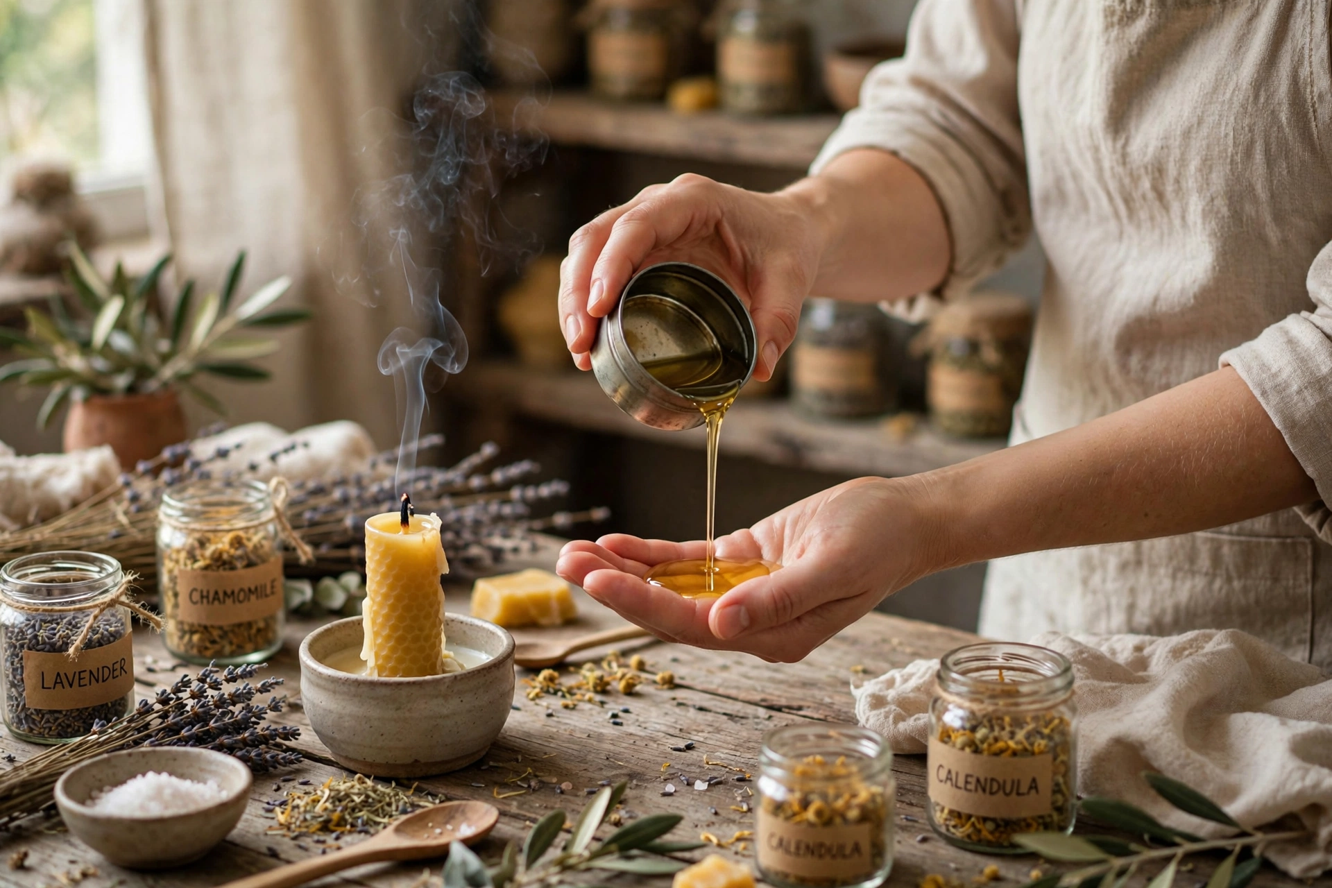 Pouring warm melted massage oil from a tin into a palm