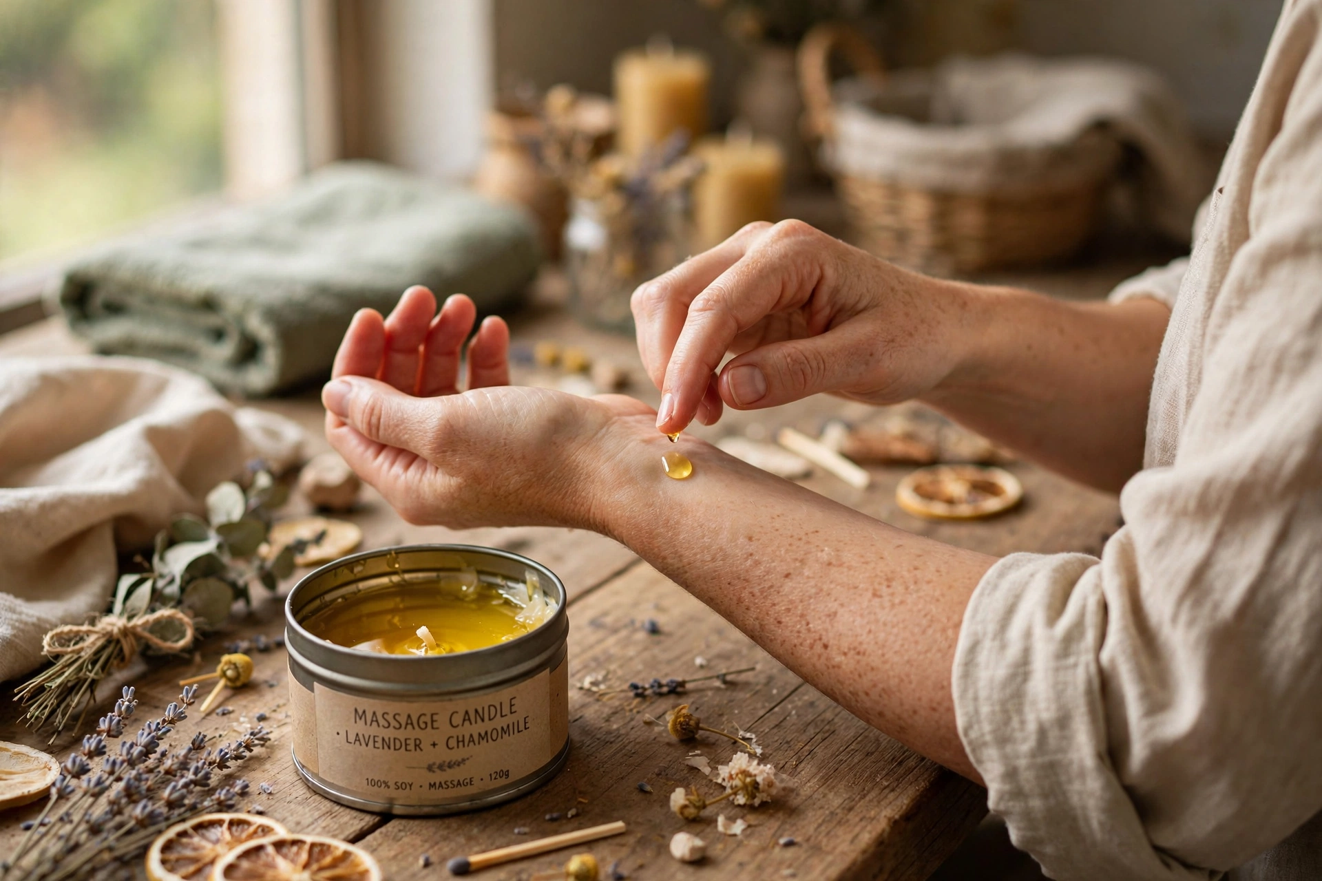 Testing the temperature of melted candle oil on an inner wrist