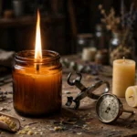 Lit candle in an amber jar surrounded by candle making tools