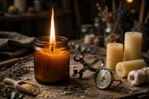 Lit candle in an amber jar surrounded by candle making tools