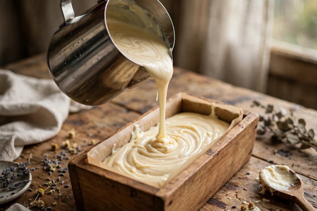 Pouring cold process soap batter into a wooden loaf mold