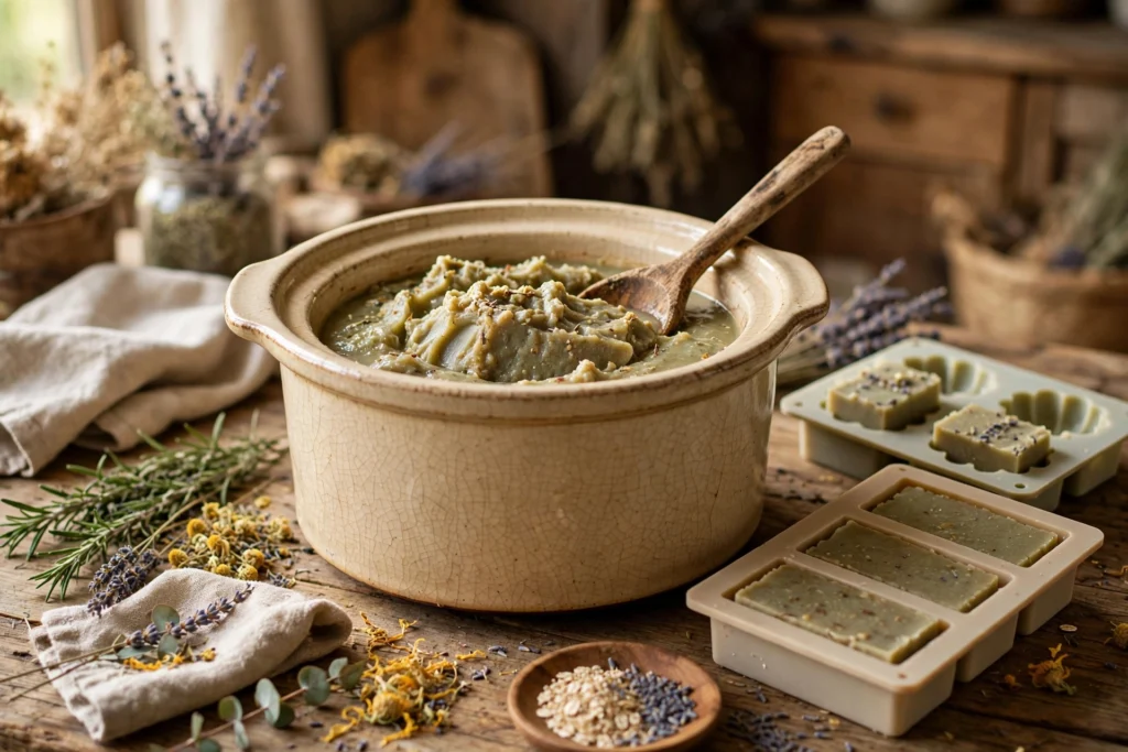 Hot process soap in a ceramic slow cooker with a wooden spoon