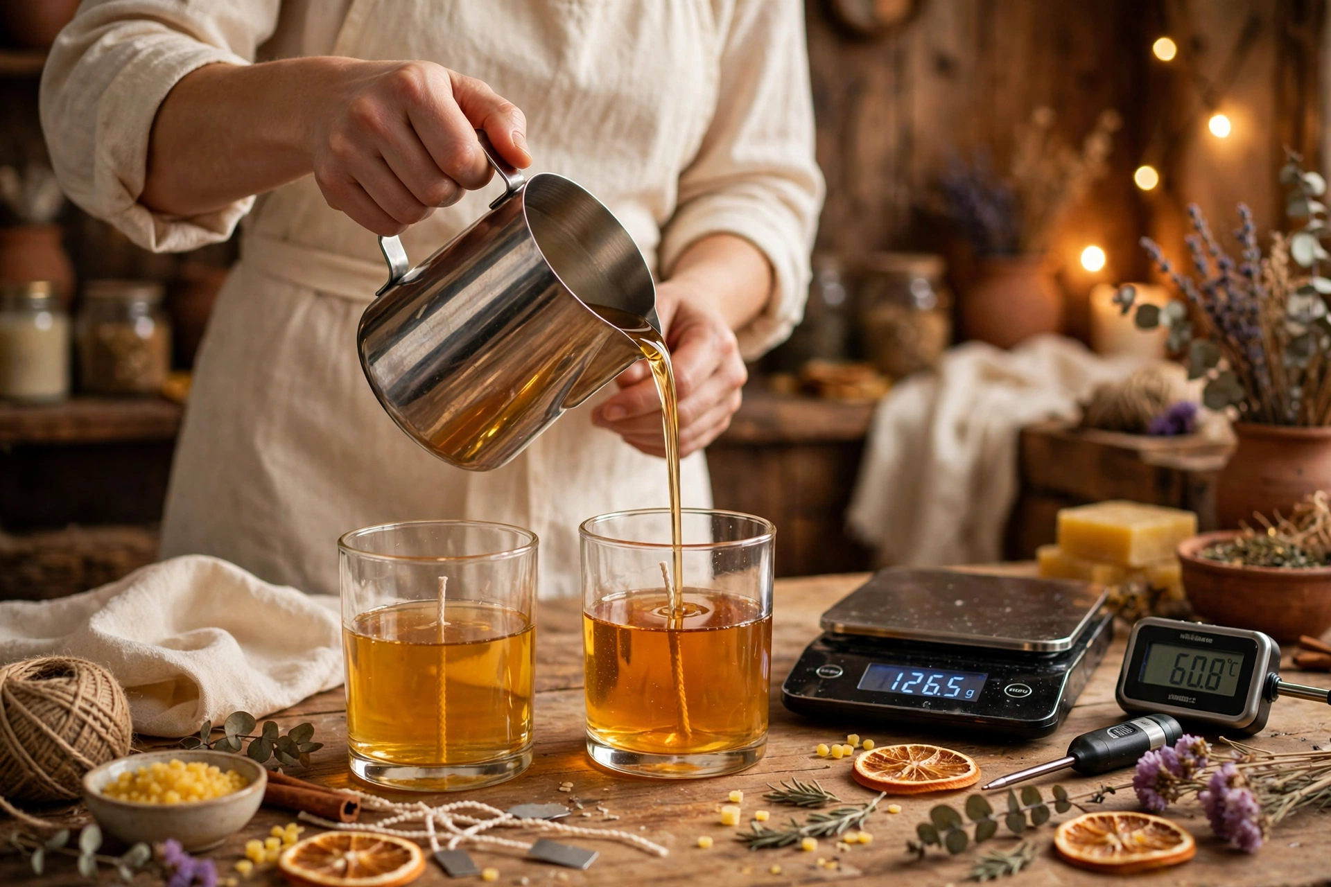 Pouring melted wax into candle jars