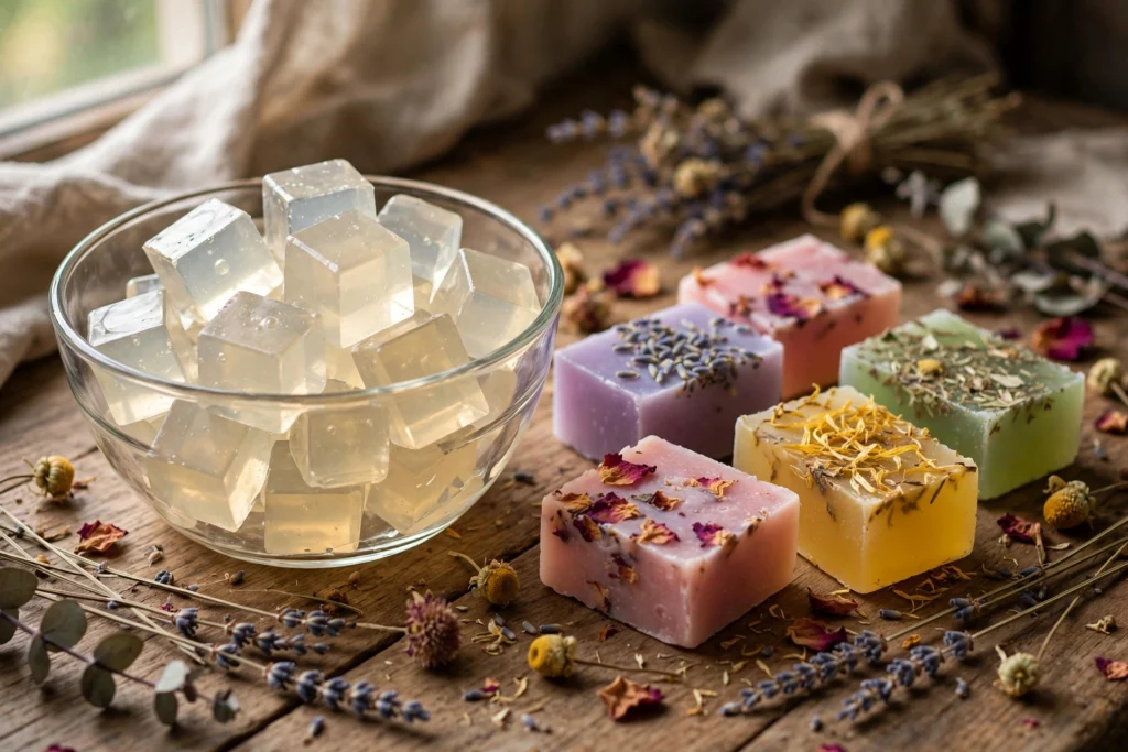 Melt and pour soap base cubes and colorful finished glycerin soap bars