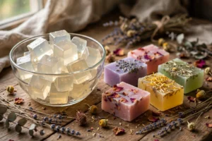 Melt and pour soap base cubes and colorful finished glycerin soap bars