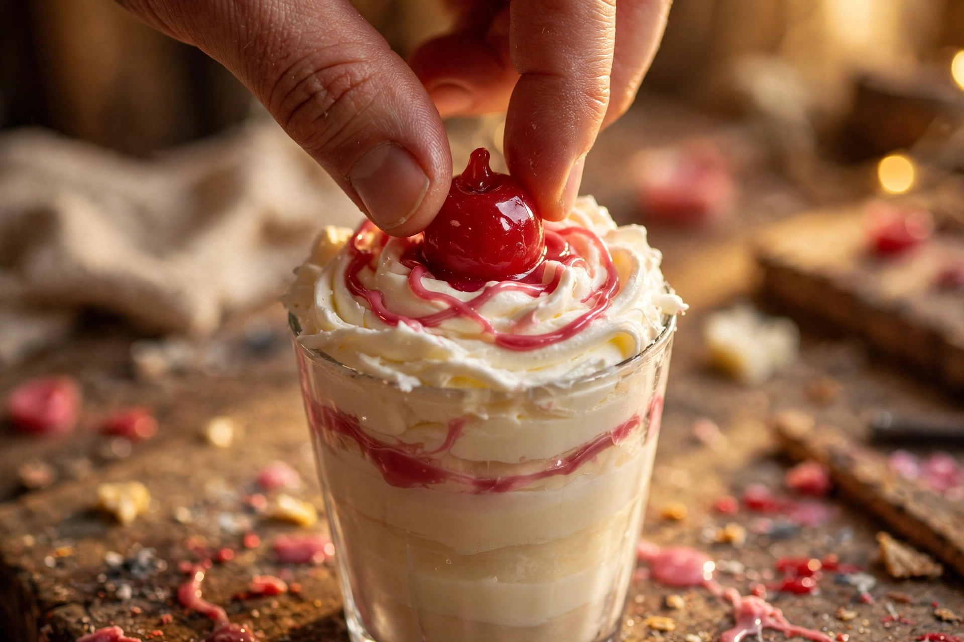 Pressing a red wax cherry onto a whipped wax swirl with a drizzle of pink wax syrup