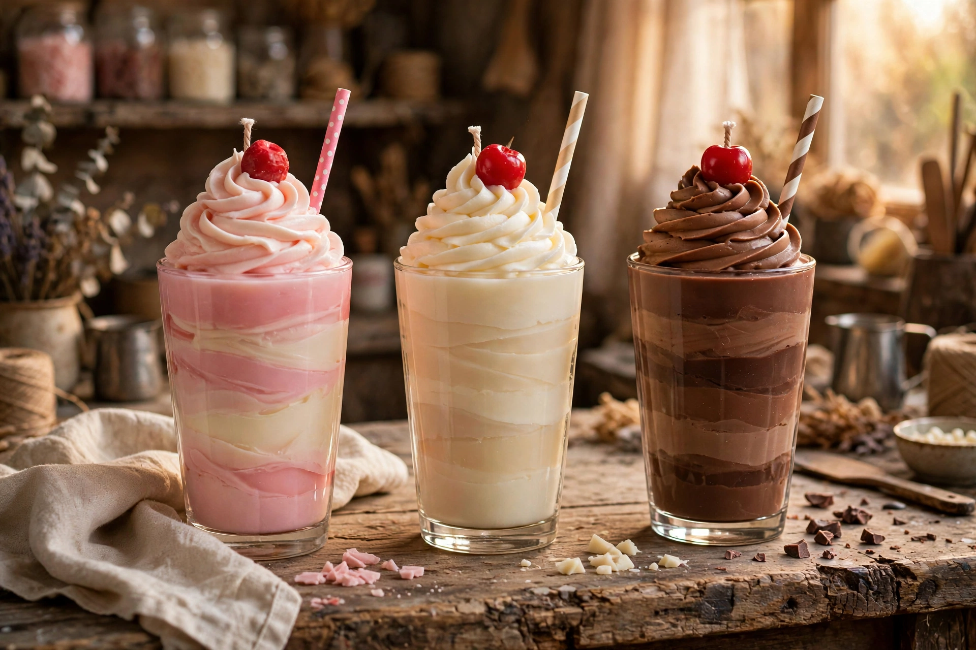 Three finished milkshake candles in tall glasses with whipped wax tops, paper straws, and wax cherries in strawberry, vanilla, and chocolate on a rustic workbench