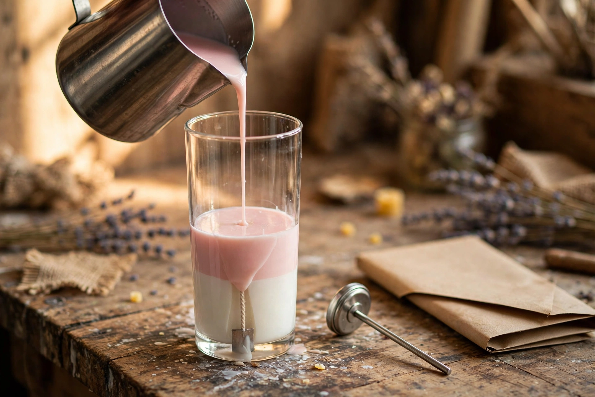 Pouring pink melted wax over a set white wax layer inside a tall glass candle vessel