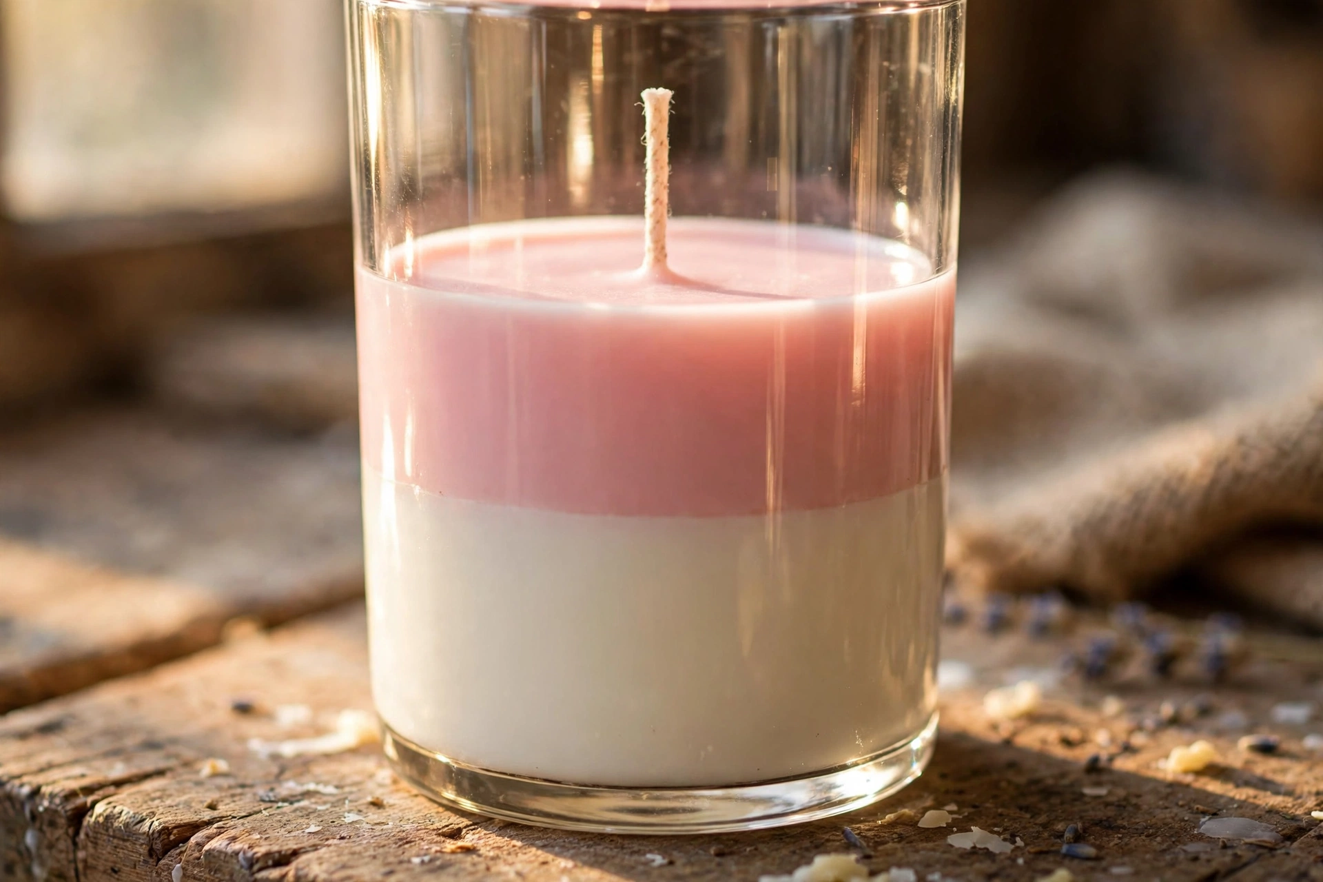Close-up of a tall glass showing crisp pink and white wax layers with a centered wick