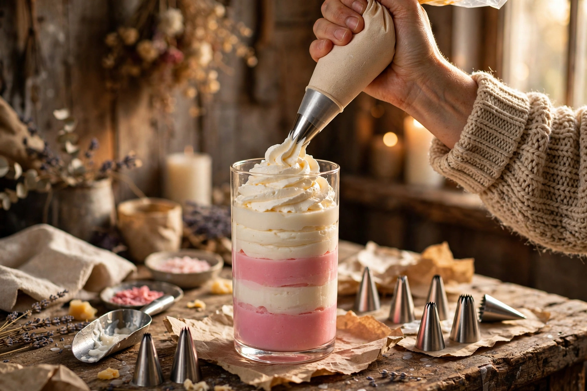 Piping a tall swirl of whipped wax onto a layered milkshake candle in a tall glass