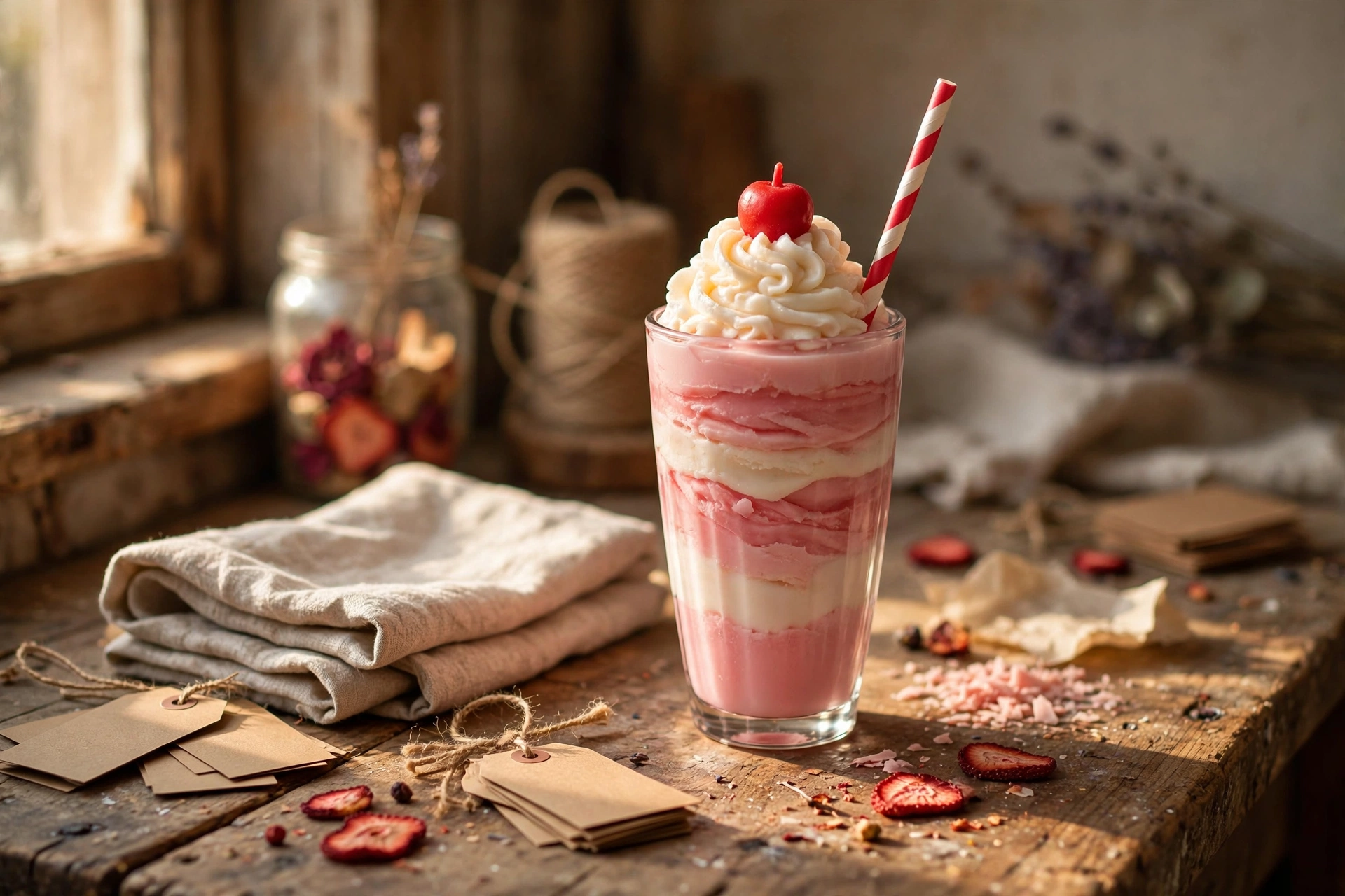 Finished strawberry milkshake candle with a striped paper straw and wax cherry on a rustic workbench
