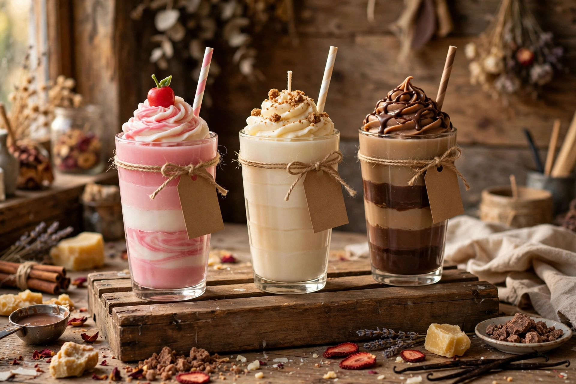 Strawberry, vanilla, and chocolate milkshake candles lined up with kraft gift tags on a wooden crate