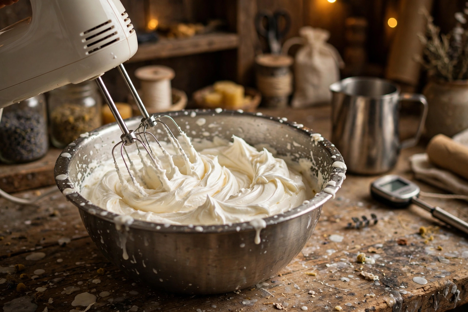 Hand mixer whipping partially cooled wax into soft fluffy peaks in a steel bowl