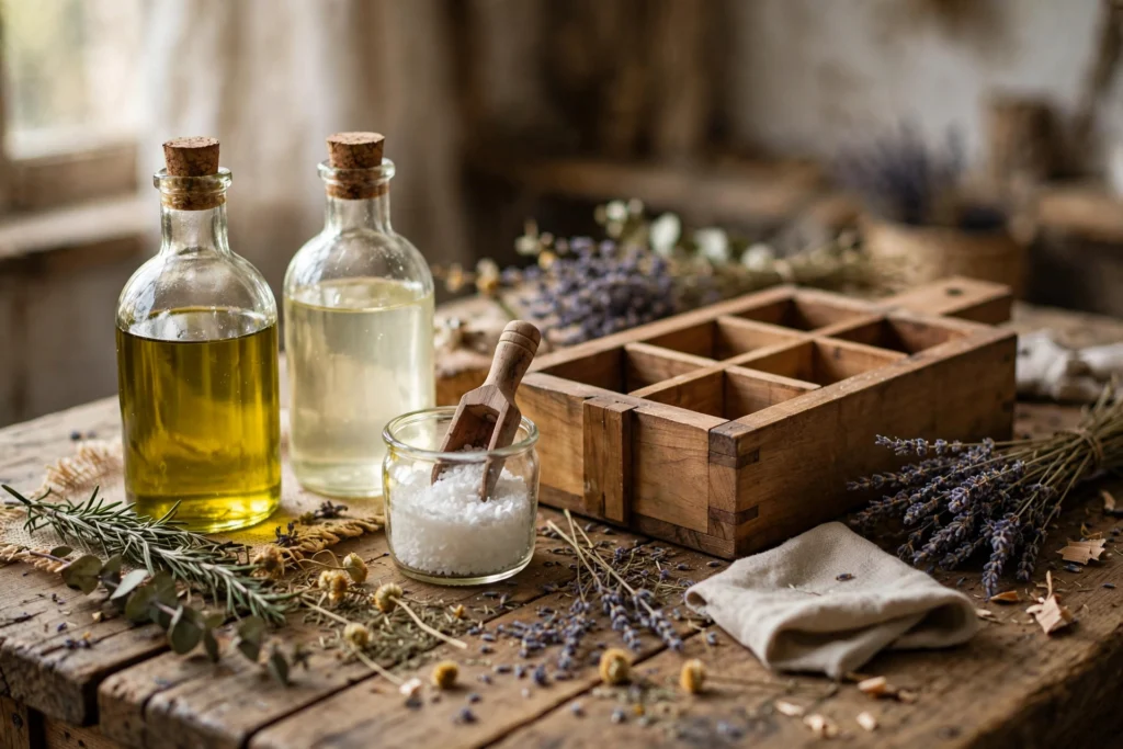 Soap making supplies on a rustic wooden table