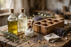 Soap making supplies on a rustic wooden table