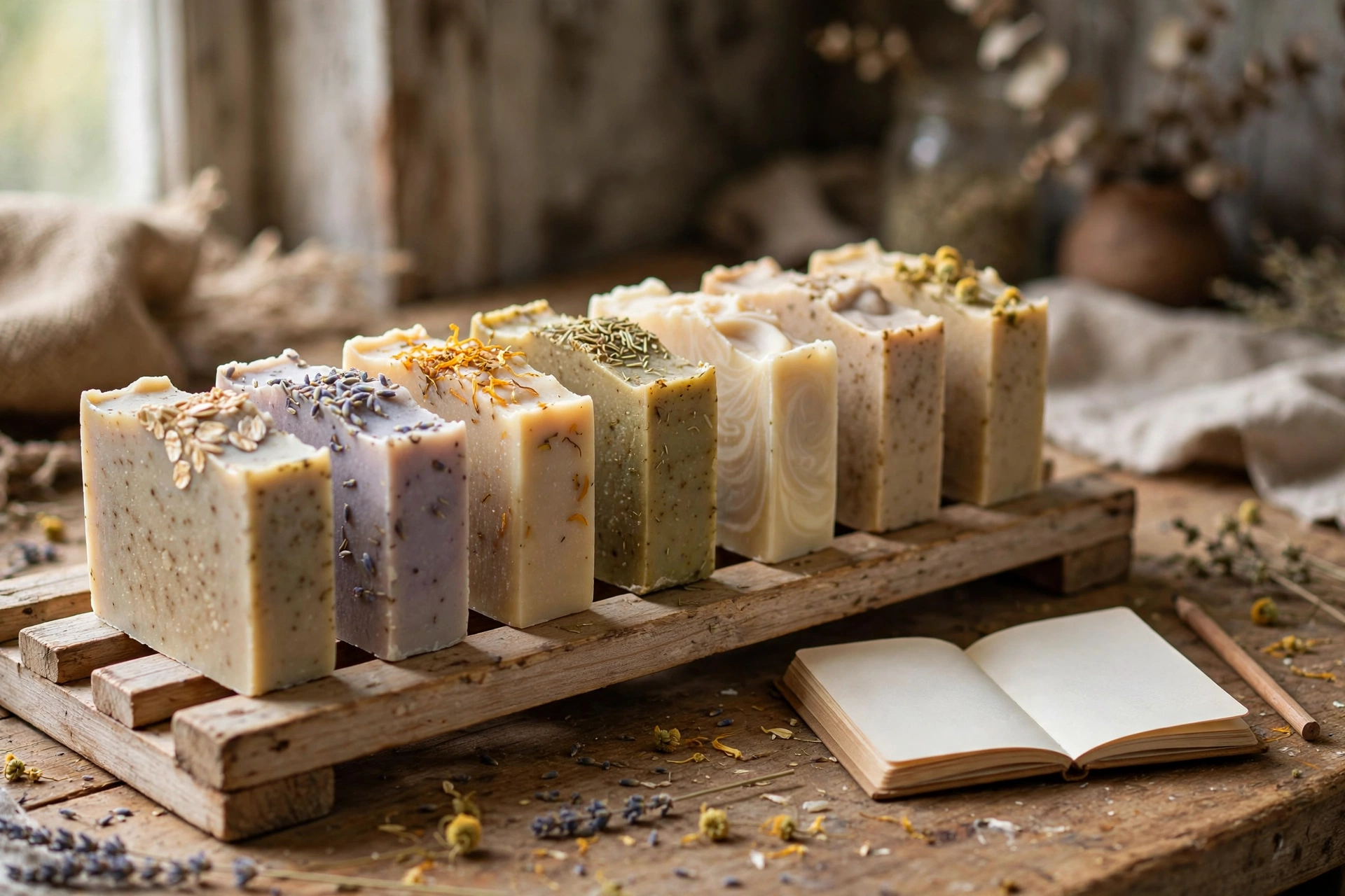 Soap bars curing on a wooden rack with a notebook