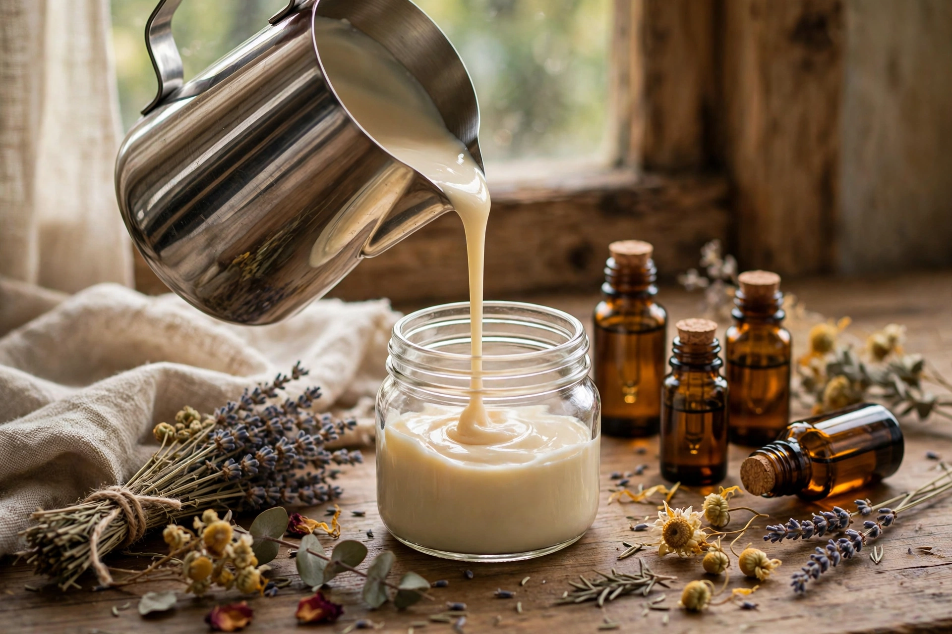 Pouring lotion with essential oil bottles nearby