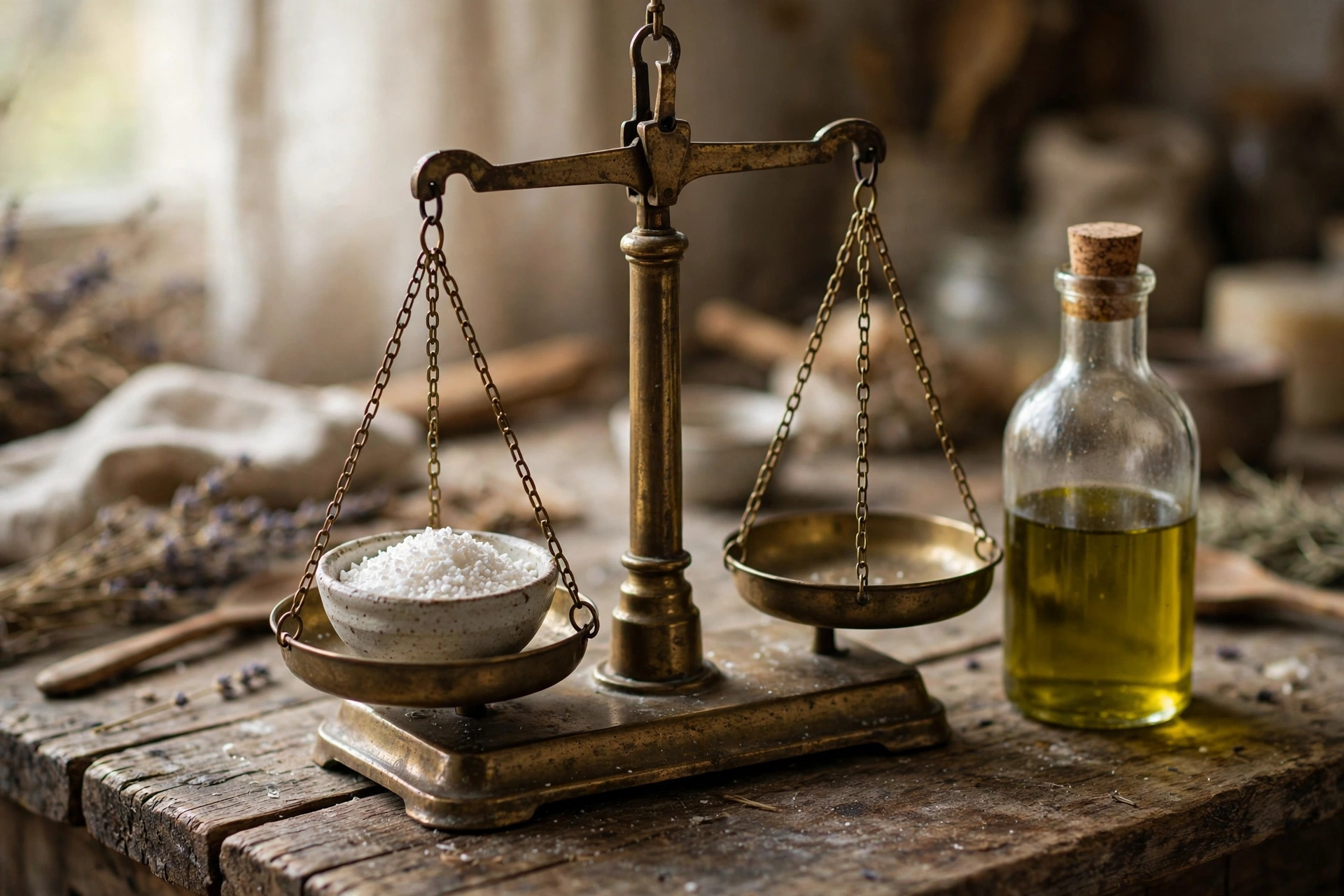 Weighing lye on a rustic scale